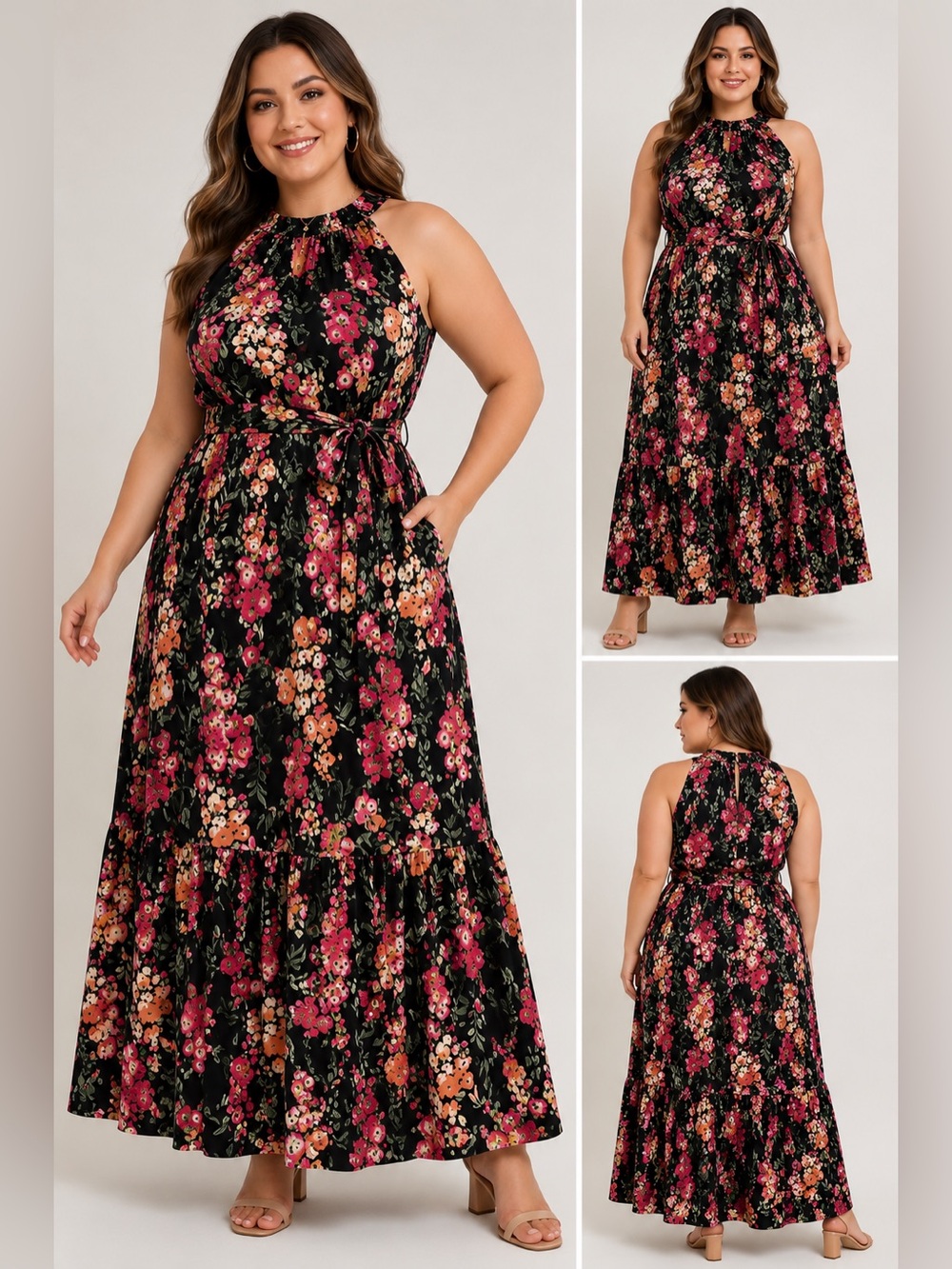 SHEIN Women’s XL Floral Maxi Dress Black Pink Sleeveless V Neck Tie Waist Boho